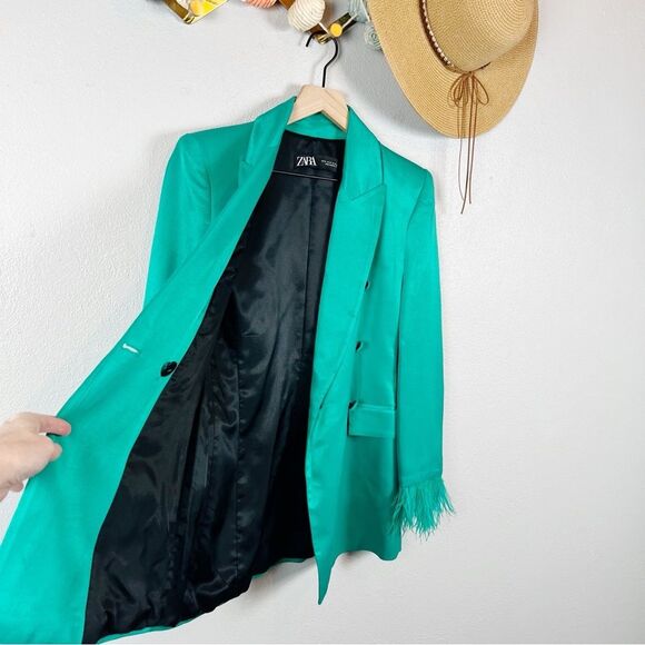 ZARA Green Satin Double-Breasted Feather Cuff Blazer Size X-Small - Picture 3 of 9